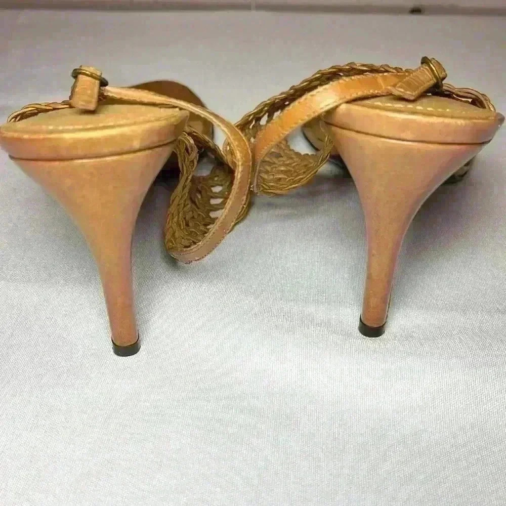 Lauren Ralph Lauren Nadia Brown Tan Leather Woven Sandal Strap Heel Womens Sz 9B - Picture 6 of 10